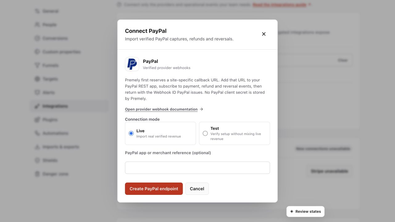 Premely PayPal revenue setup dialog in Light mode with the real PayPal logo and provider-specific controls.