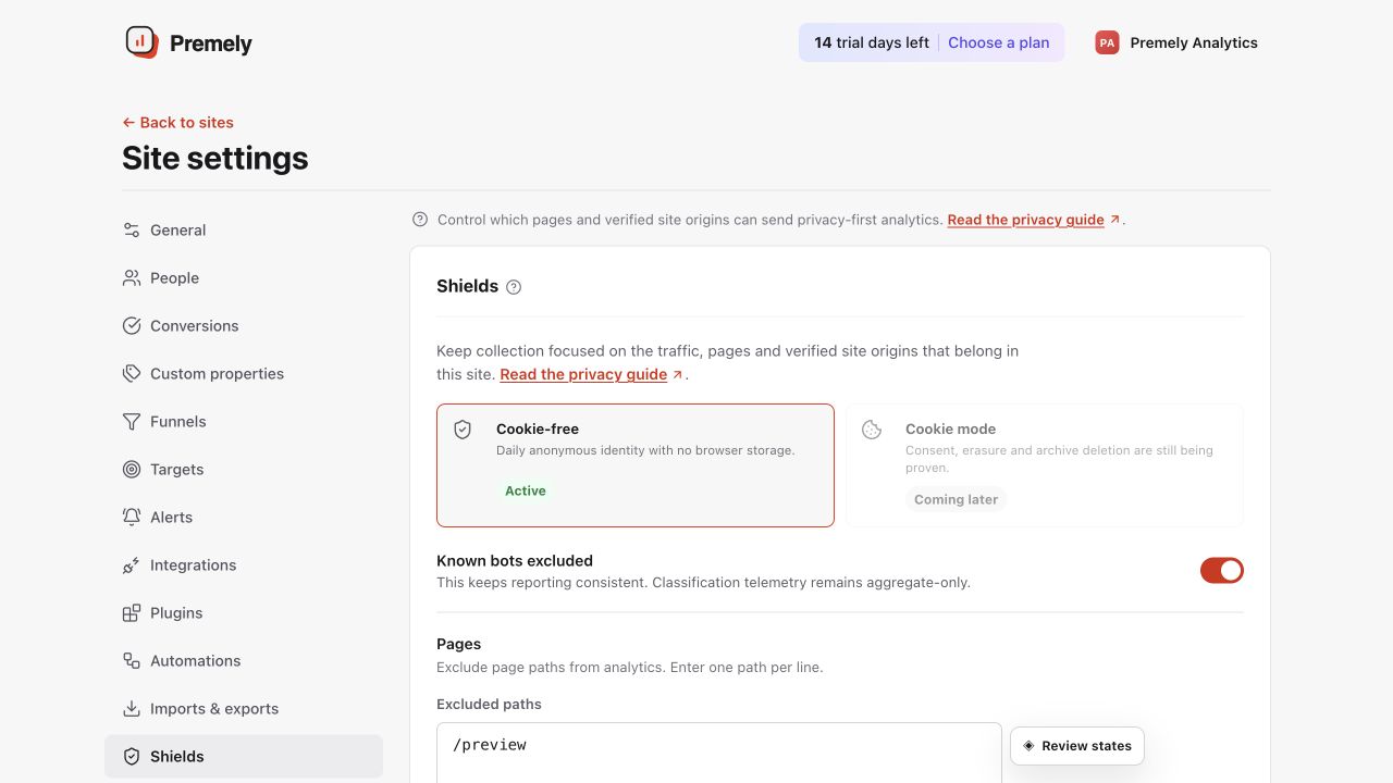 Premely Privacy settings showing data collection and privacy controls for the selected site.