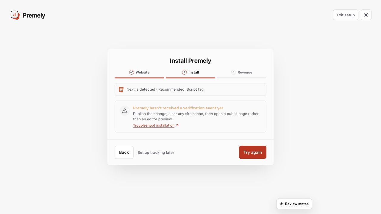 Premely verification screen showing the site connection check after installation.