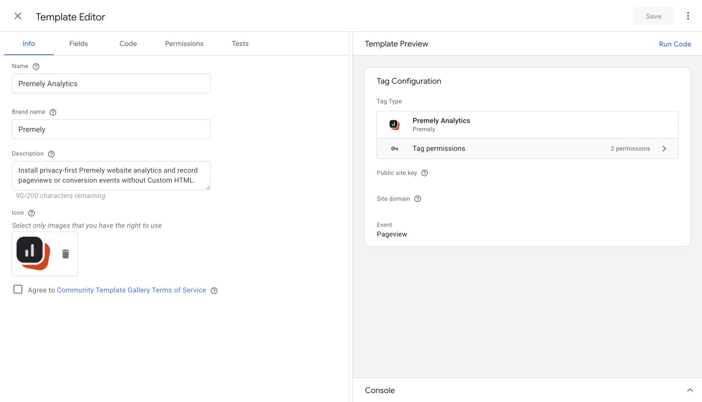 The live Google Tag Manager Template Editor showing Premely Analytics, the Premely brand name, description, official icon and two tag permissions.
